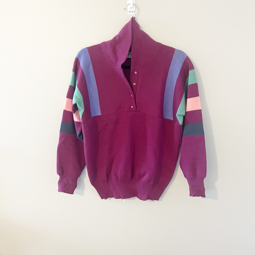 Vintage EIR Women Magenta Striped 100% Wool Snap Neck Sweater 80s Retro